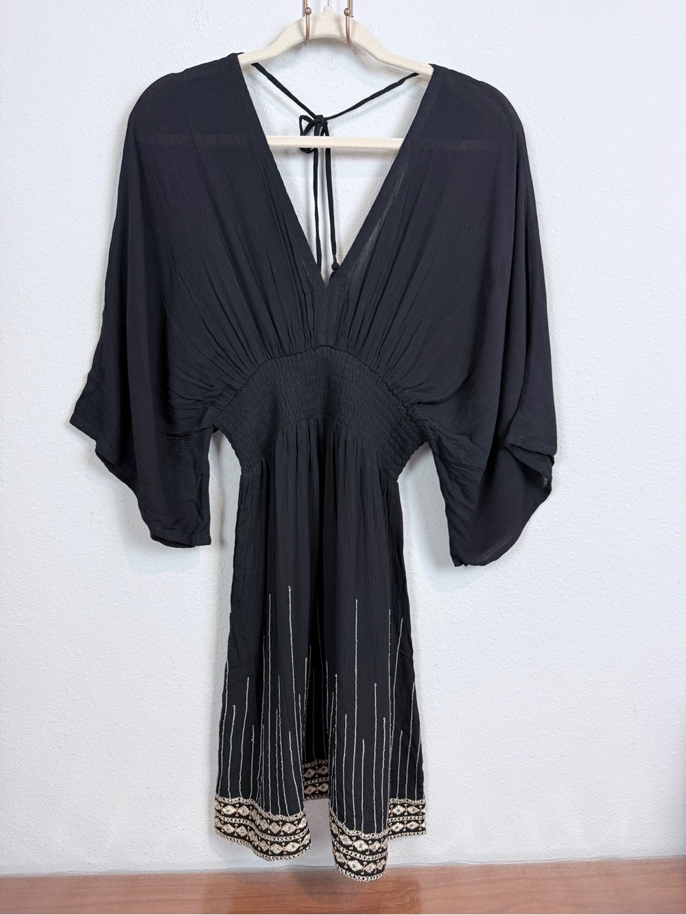 Black Embroidered Crinkle Smocked Waist Swim Coverup S